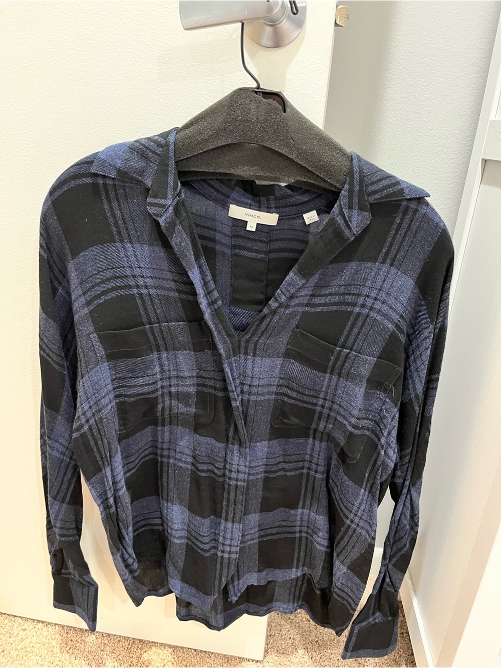 Vince XS Black and Navy Plaid Lightweight Button-Down Shirt